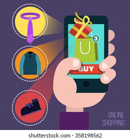 Online Shopping Concept in Flat Design. E-commerce, buying, mobile marketing in vector