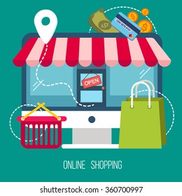 Online Shopping Concept in Flat Design. E-commerce, buying, mobile marketing in vector