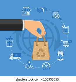 Online shopping Concept with Flat Icons Hand with paper bag and shop, delivery, support. Isolated vector illustration