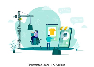 Online shopping concept in flat style. Customer shopping by smartphone scene. Web solution for online shopping platform, order and delivery. Vector illustration with people characters in situation.