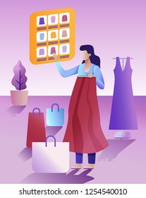 Online Shopping concept. The Flat vector illustration. The Woman choosing and purchasing clothes. Big Sale.