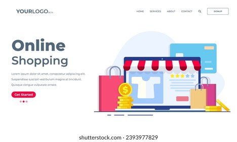 Online-Shopping-Konzept: flache Vektorgrafik für die Landung, Web-Banner, Online-Shop für Mode-Bekleidung auf Laptop-Bildschirm, Online-Shop, E-Commerce