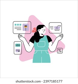 Online shopping concept. Flat vector illustration of woman buying online with credit card and smartphone.