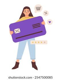 Online shopping concept. A flat vector illustration of a woman using a card for online payment. Female customer in online shopping with her card.