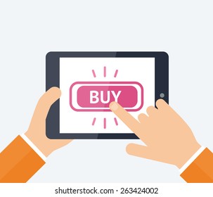 Online shopping concept. Flat vector Illustration. Modern tablet PC with big BUY button on the screen. 
