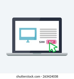 Online shopping concept. Flat vector Illustration. Modern laptop PC with with online store page on the screen 