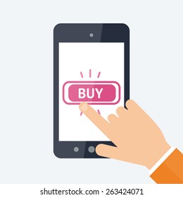 Online shopping concept. Flat vector Illustration. Modern smartphone with big BUY button on the screen. 