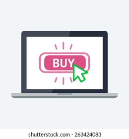 Online shopping concept. Flat vector Illustration. Modern laptop PC with big BUY button on the screen. 