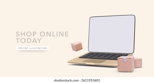 Online Shopping Concept With Floating Boxes And Blank Laptop Screen Ready For Custom Content. Perfect For Ecommerce, Delivery, Or Retail Themes. Modern 3D Vector Illustration.