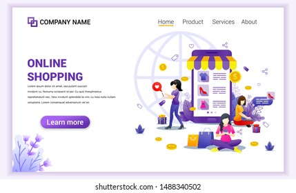 Online shopping concept with giant mobile displaying store products and woman characters. Can use for mobile app template, landing page, web design, banner, advertising. Flat vector illustration