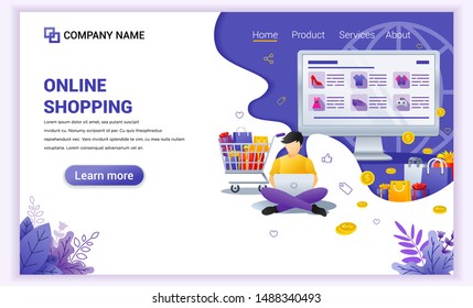 Online shopping concept with giant screen displaying store products and a man buying products with laptop. Can use for mobile app, landing page, website, banner, advertising. Flat vector illustration