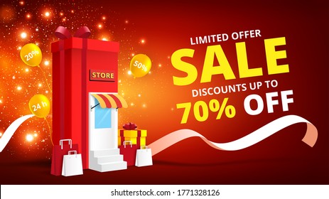 Online shopping concept with gift box store online.Digital marketing and sale banner background.Vector illustration.