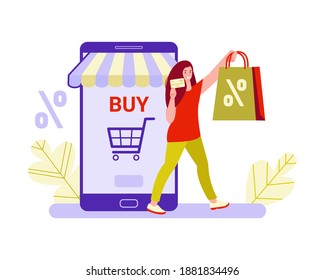 Online shopping concept. Girl with a shopping bag and a discount card in front of a large smartphone. Cartoon flat style. Isolated on a white background.