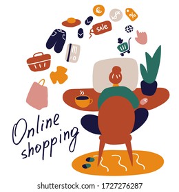 Online shopping concept. Girl at computer chooses goods and gifts on site. Shopping without leaving home, contactless delivery. Stay home flat illustration