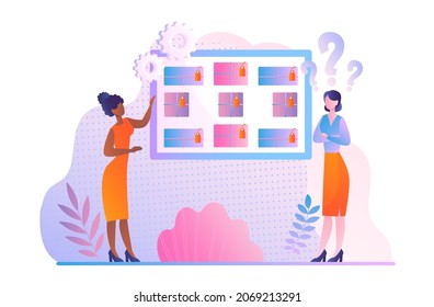 Online shopping concept. Girls choose their products in store. Online sales, wire transfers. Website for sale of clothing. Girlfriends choose gifts for friends. Cartoon flat vector illustration