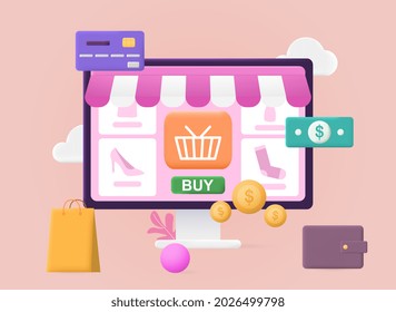 Online shopping concept. Graphic element for websites. Abstract picture with monitor. Advantages of modern technology. Cashless payment. Cartoon vector illustration isolated on pink background