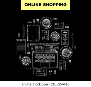 Online shopping concept. Hand drawn vector illustration. E-commerce vintage design template. Hand drawn sketch with laptop computer, credit card, smartphone, pen and notebook. Top view.