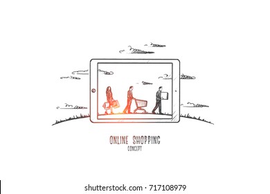 Online shopping concept. Hand drawn people buying goods in internet. Online shopping with modern device isolated vector illustration.