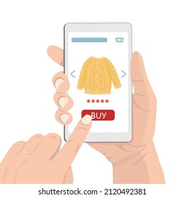 Online shopping concept. Hand held mobile smart phone with shop app and buy a pullover. Mobile shopping on social networks through phone vector illustration.