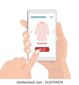 Online shopping concept. Hand held mobile smart phone with shop app and buy a pink faux fur coat. Mobile shopping on social networks through phone vector illustration.
