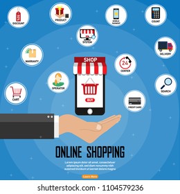 Online shopping concept. Hand holding smartphone. vector illustration. Can be used for workflow layout template, banner, marketing,shopping, infographics.