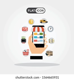 Online shopping concept. Hand holding smartphone. Set icons. Flat vector illustration.