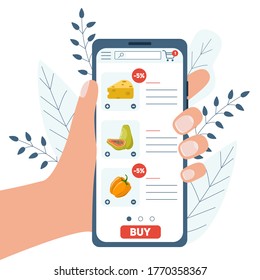 Online shopping concept with hand holding smartphone and choosing food. Order food online. App on mobile phone. Vector illustration isolated on white background.