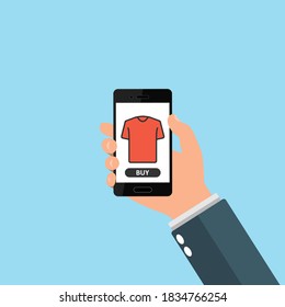 Online shopping concept. Hand holding smartphone. Buy button. Clothing online shop. T-shirt icon. Vector