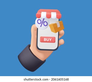 Online shopping concept. Hand holding mobile smart phone with shop app. Online shopping concept. Vector illustration. Retail marketing online, 3D illustration.