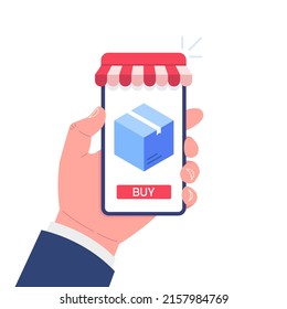 Online shopping concept. Hand holding smartphone with box on screen. Vector illustration.