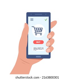Online shopping concept. Hand holding smartphone with basket on screen. Buy online now. Vector illustration