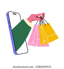 Online shopping concept – hand holding bags from smartphone. Represents e-commerce, online retail, digital shopping. Ideal for websites, blogs, and marketing materials.