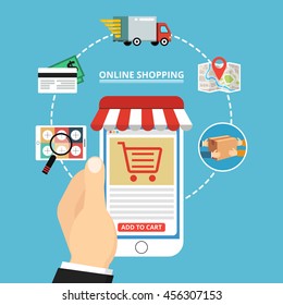 Online shopping concept. Hand holding smartphone. Set icons. Flat vector illustration.