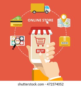 Online shopping concept. Hand holding smartphone. Set icons. Flat vector illustration.