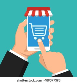 Online shopping concept. Hand holding smartphone. Flat vector illustration.