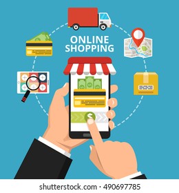 Online shopping concept. Hand holding smartphone. Set icons. Flat vector illustration.