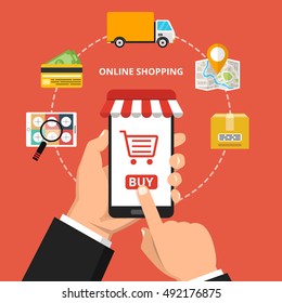 Online shopping concept. Hand holding smartphone. Set icons. Flat vector illustration.