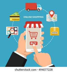 Online shopping concept. Hand holding smartphone. Set icons. Flat vector illustration.