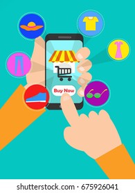 Online shopping concept with hand holding smartphone and e-commerce icons vector illustration