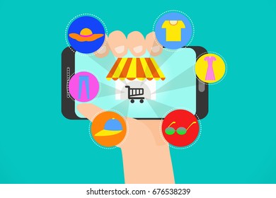Online shopping concept with hand holding smartphone and e-commerce icons vector illustration