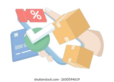 Online shopping concept with hand and smartphone icons, payment cards, discount coupons and package boxes. Suitable for e-commerce and digital marketing. Simple minimalist style illustration.