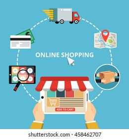 Online shopping concept. Hands holding a tablet. Set icons. Flat vector illustration.