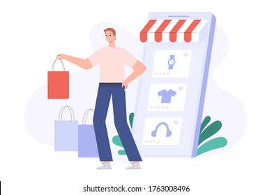 Online shopping concept, happy customer with shopping bags, delivered orders, smartphone screen with goods, online store app for e-shopping from home, flat vector cartoon illustration