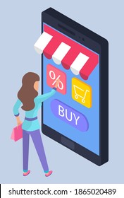 Online shopping concept. Happy woman standing with bag shopping by her phone vector illustration. Girl selects products on the touchscreen, clicks buttons on the website of the online store