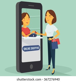 Online Shopping Concept. Happy Woman Shopping by her Phone. Vector Illustration