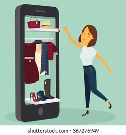 Online Shopping Concept. Happy Woman Shopping by her Phone. Vector Illustration