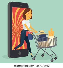 Online Shopping Concept. Happy Woman Shopping by her Phone. Vector Illustration