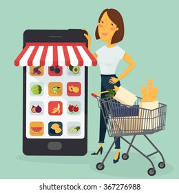 Online Shopping Concept. Happy Woman Shopping by her Phone. Vector Illustration