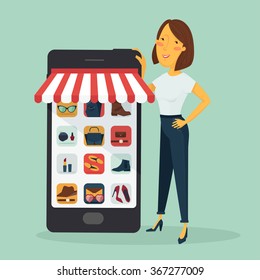 Online Shopping Concept. Happy Woman Shopping by her Phone. Vector Illustration