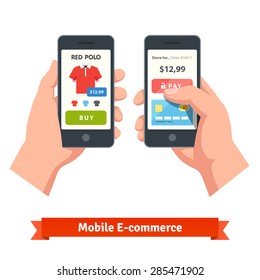 Online shopping concept. Human hand thumb finger pressing pay button on a smartphone. Flat style vector icons.